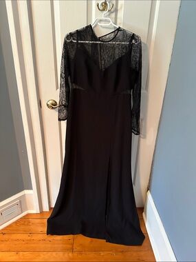 Aidan Mattox Black Lace-Sleeve Evening Gown